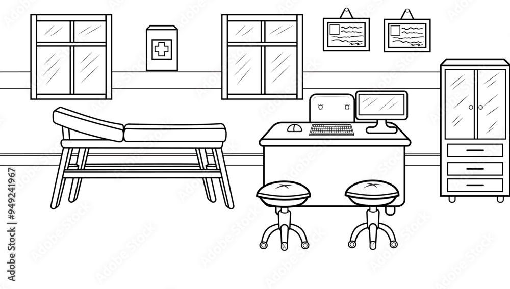 Consultorio medico dibujo en blanco y negro, pagina para colorear. Consultorio medico dibujo en blanco y negro, pagina para colorear.