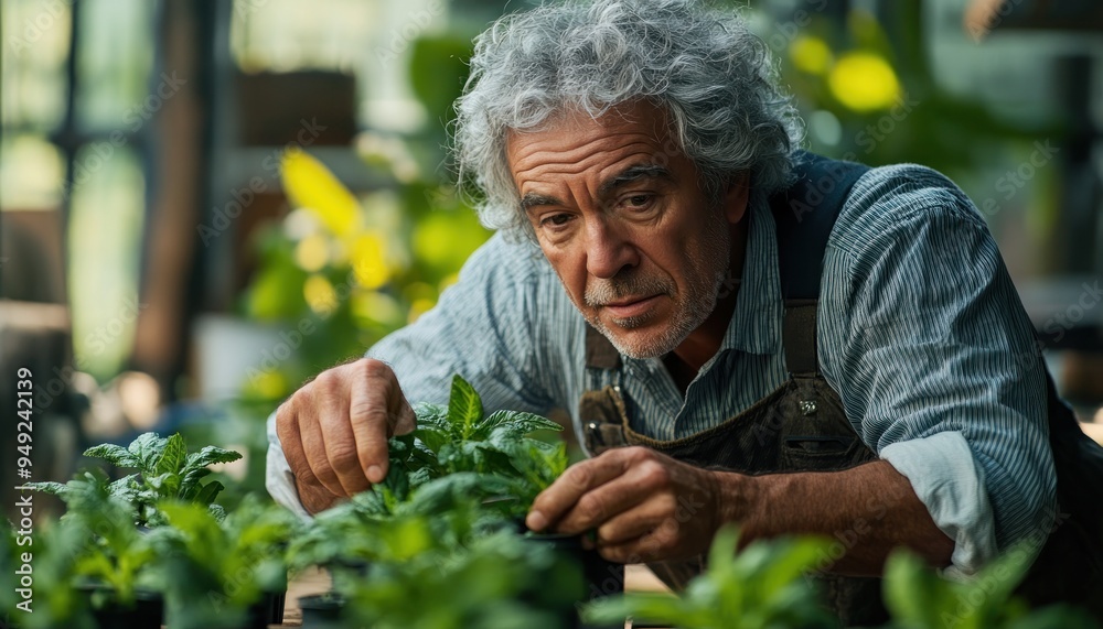 Fototapeta premium Senior Man Tending to Young Plants in a Sunlit Greenhouse, Exuding Calm and Contentment, A Picture of Tranquility and Growth