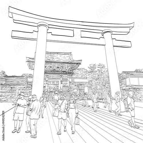 Drawing sketch style illustration of tourist crowd at Fushimi Inari Taisha Shrine in southern Kyoto, Japan on isolated background done in black and white ilne art.
