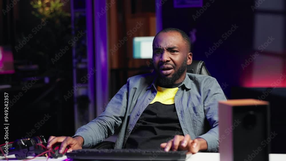 Upset african american man frustrated after losing online competitive multiplayer match playing on cutting edge gaming setup. Gamer feeling sad after being defeated in internet videogame, camera A Upset african american man frustrated after losing online competitive multiplayer match playing on cutting edge gaming setup. Gamer feeling sad after being defeated in internet videogame, camera A
