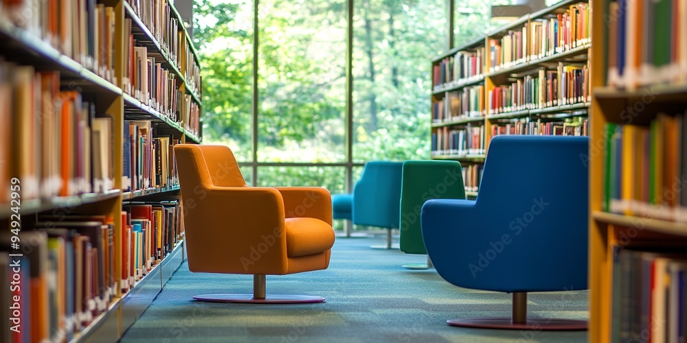 The quiet aisles of a library with rows of books and colorful chairs invite a peaceful reading and study environment The quiet aisles of a library with rows of books and colorful chairs invite a peaceful reading and study environment