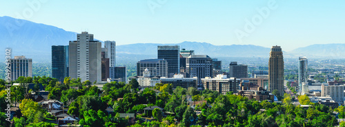 Salt Lake City Sunrise Skyline, Skyscrapers, and Buildings in Utah, USA: A tranquil metropolitan modern cityscape of The Crossroads of the West on a summer morning