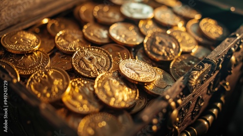 A close-up of gold coins inside a treasure chest, with intricate details visible on each coin