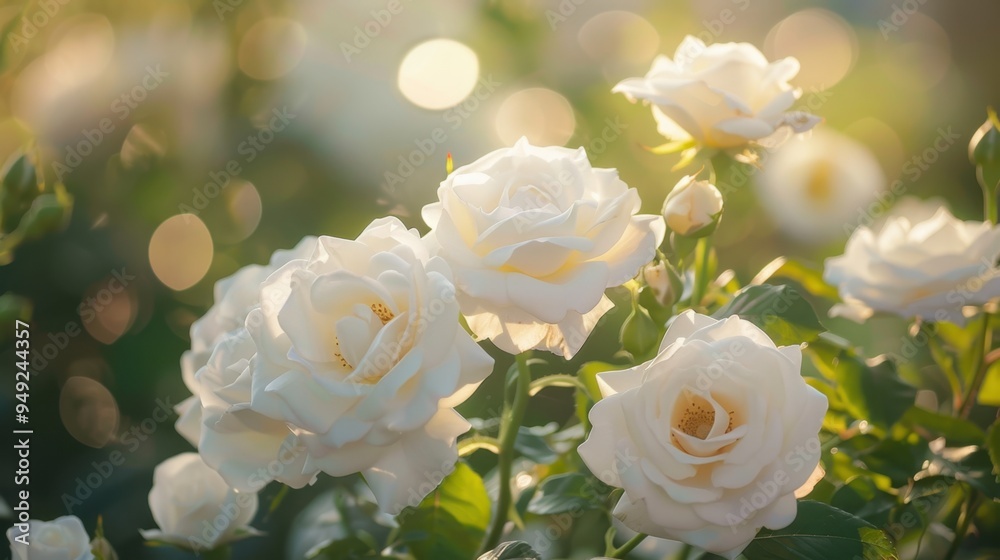 A close-up of white roses in full bloom, their petals soft and delicate, bathed in soft morning light