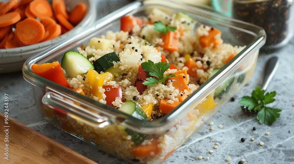 Quinoa with vegetables in a glass dish. Quinoa with vegetables in a glass dish.
