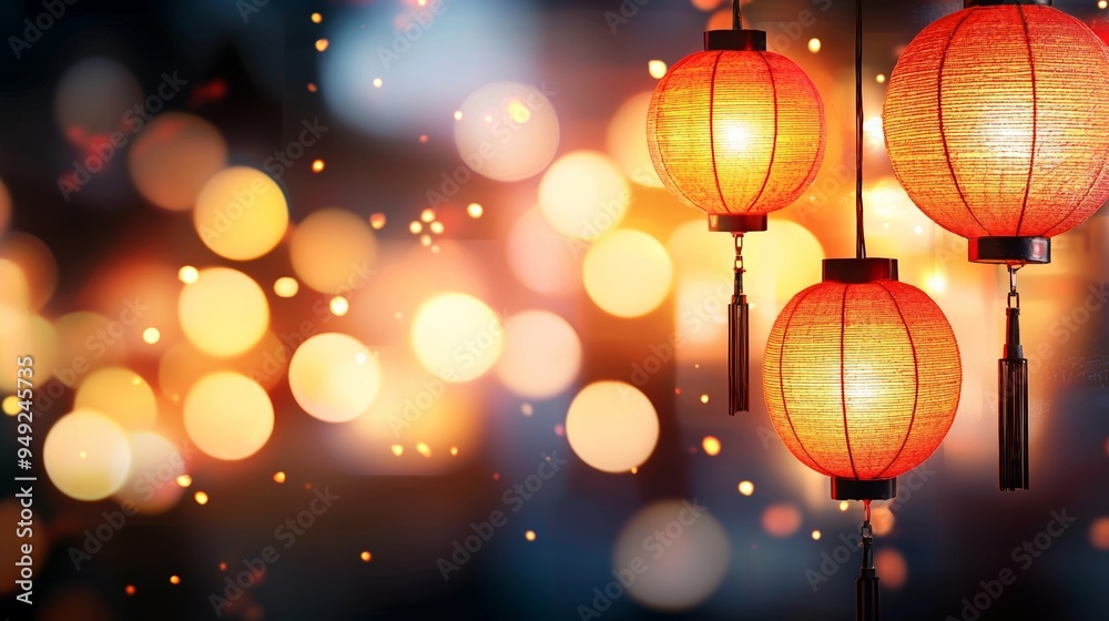Vibrant red lanterns illuminate a dreamy backdrop of soft bokeh lights, creating a festive and enchanting atmosphere. Vibrant red lanterns illuminate a dreamy backdrop of soft bokeh lights, creating a festive and enchanting atmosphere.