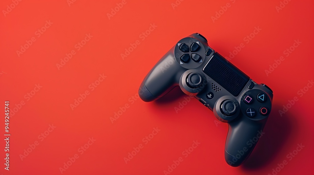 Black video game controller on a red background. Black video game controller on a red background.