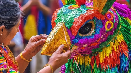 Close-up of colorful piÃ±ata being crafted, hands carefully placing crepe paper, vibrant workshop lighting photo