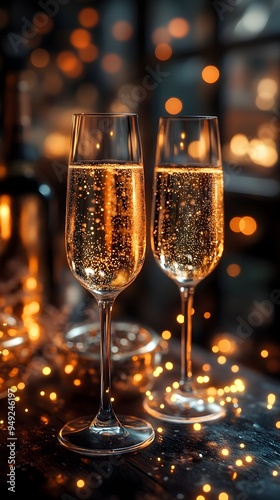 Two champagne flutes filled to the brim, their golden liquid sparkling in the warm glow of string lights. Cheers to celebration!