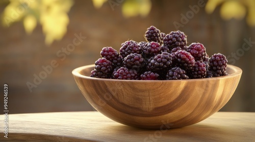 Close-up of fresh organic blackberries, deep purple color, wooden bowl, natural setting photo