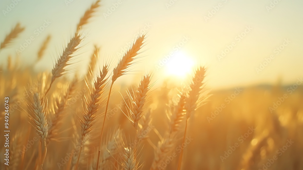 Close-Up of Golden Wheat Swaying in the Breeze with a Sunlit Field Under a Clear Sky Close-Up of Golden Wheat Swaying in the Breeze with a Sunlit Field Under a Clear Sky