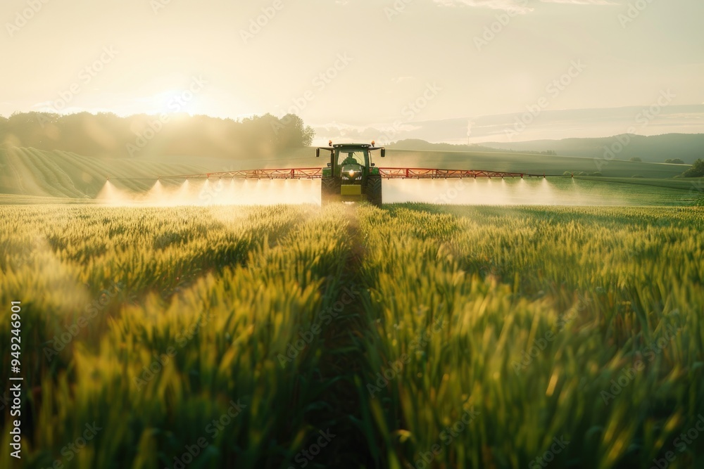 Fototapeta premium Agricultural equipment spraying a field with crops