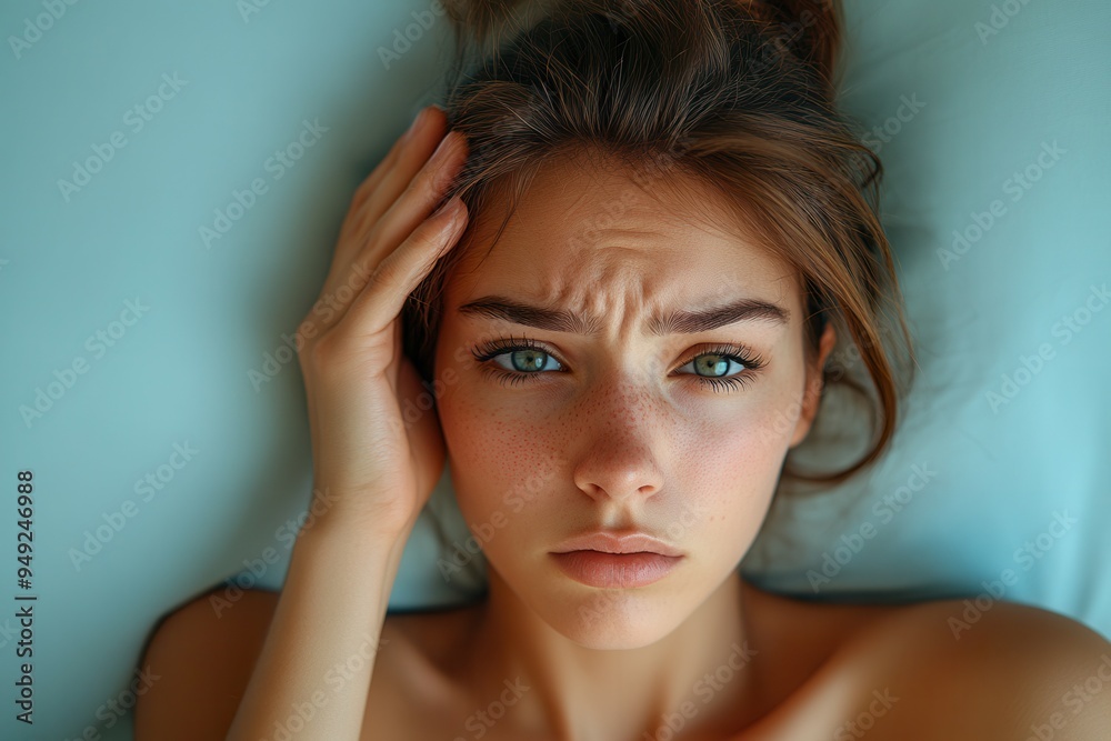 A Struggling Moment: Capturing the Depth of Concern on a Woman's Face in the Comfort of Bed with Visible Worry Lines and Emotionally Rich Facial Expression Conveying Inner Turmoil. A Struggling Moment: Capturing the Depth of Concern on a Woman's Face in the Comfort of Bed with Visible Worry Lines and Emotionally Rich Facial Expression Conveying Inner Turmoil.