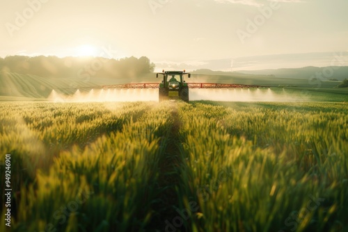 Agricultural equipment spraying a field with crops