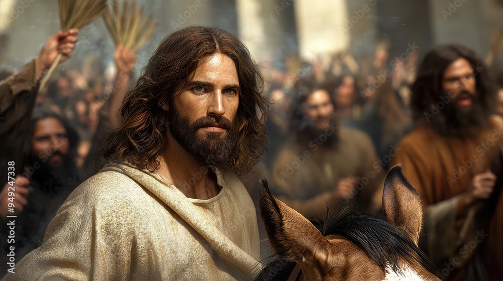Obraz premium Triumphal entry scene: Jesus Christ rides into Jerusalem on donkey, met by jubilant crowds waving palm branches, symbolizing peace, prophecy, significance of Palm Sunday in Christian tradition.