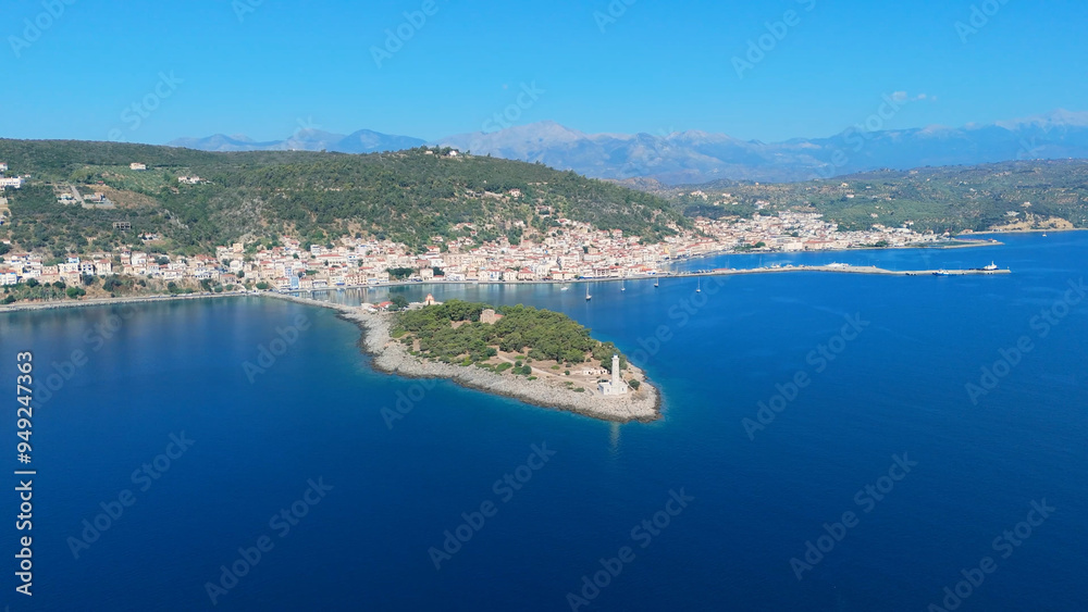 Fototapeta premium greece peloponnese region gytheio town lighthouse coastal houses chapel and boats aerial view