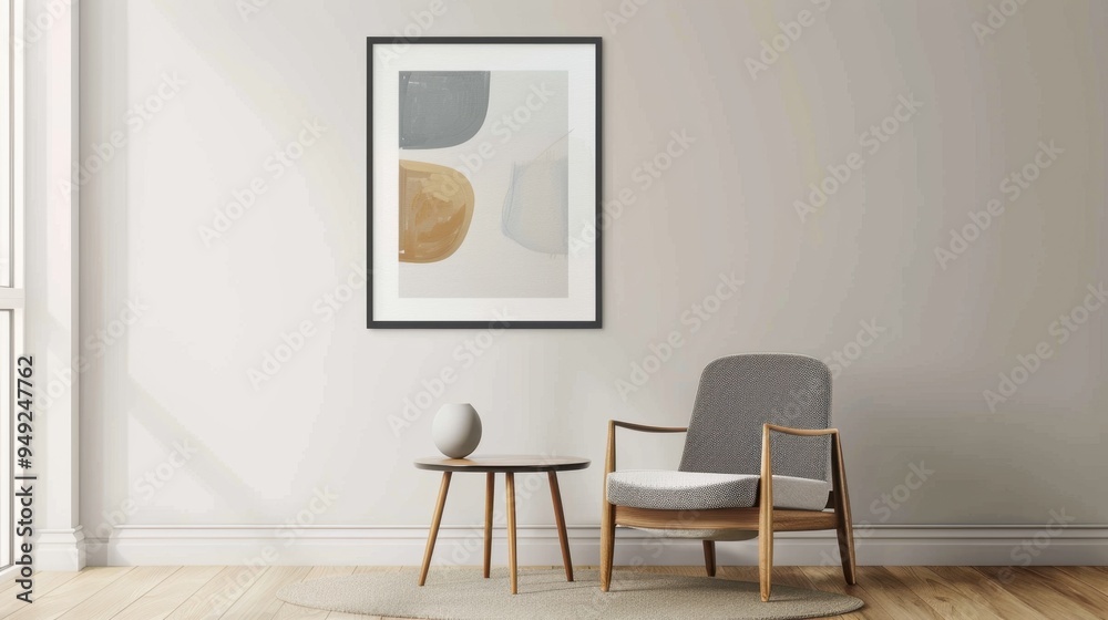 A minimalist living space with a single chair, a small table, and a framed abstract print on the wall A minimalist living space with a single chair, a small table, and a framed abstract print on the wall