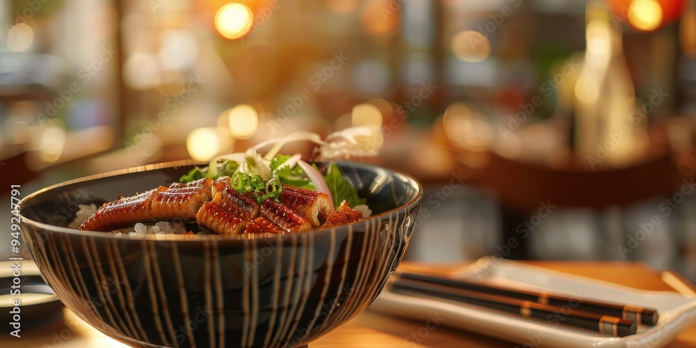 Eel rice bowl beautifully presented on an elegantly arranged table with chopsticks. Eel rice bowl beautifully presented on an elegantly arranged table with chopsticks.