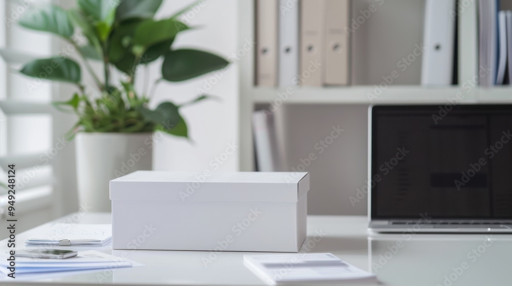 A minimalist receipt box on a white desk, with a laptop and financial reports beside it A minimalist receipt box on a white desk, with a laptop and financial reports beside it