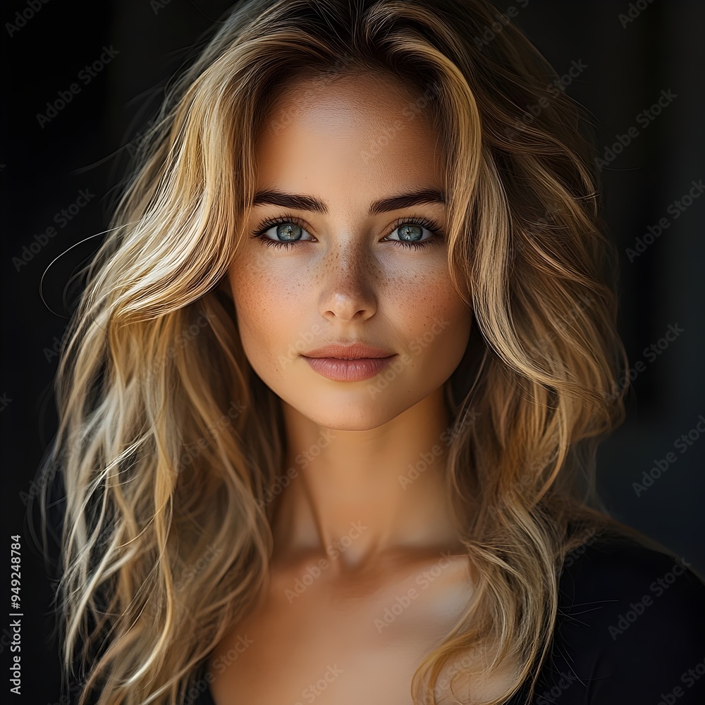 Fototapeta premium Close-up portrait of a young woman with long blonde hair and blue eyes, gazing directly at the camera with a soft smile.