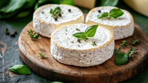 Close-up of organic goat cheese, creamy texture, herbs sprinkled on top, cheese board setting photo