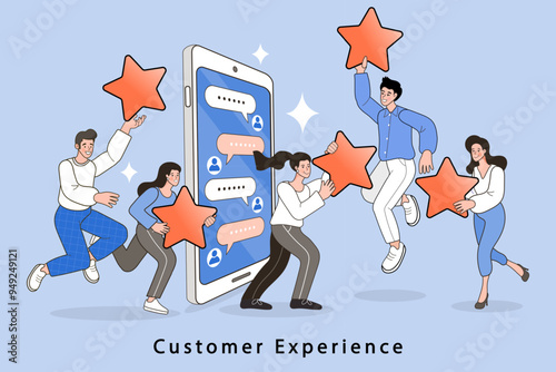 people satisfied customer give rating 5 stars. People feedback by giving star rating. Online shopping. Vector flat people satisfied customer illustration.