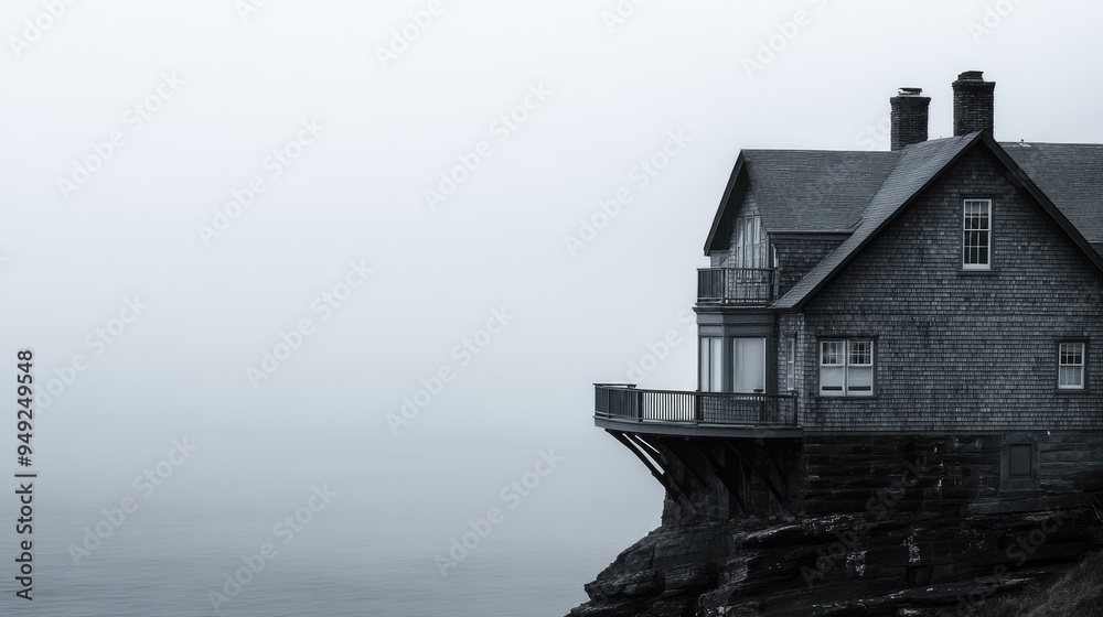 Coastal mansion, gray shingle siding, wrap-around balcony, ocean view, overcast weather Coastal mansion, gray shingle siding, wrap-around balcony, ocean view, overcast weather