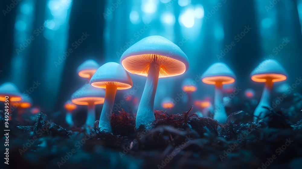 Fototapeta premium Glowing Ghostly Mushrooms Illuminating Mystical Misty Forest Fantasy Landscape Cinematic Ethereal Wonderland