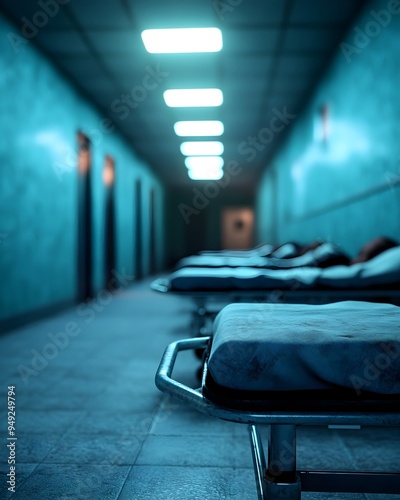 Haunting 3D Rendered Abandoned Hospital Ward with Eerie Atmosphere and Shrouded Lifeless Bodies on Gurneys