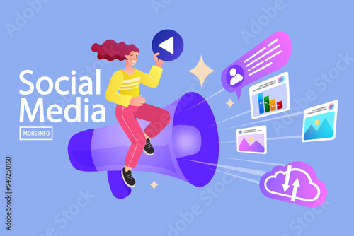 Blogger woman Character with Megaphone.Influencer marketing, social media or network promotion.Vector illustration