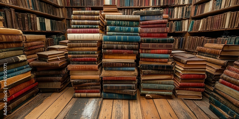 A large collection of old books stacked on a wooden floor in a bookstore A large collection of old books stacked on a wooden floor in a bookstore