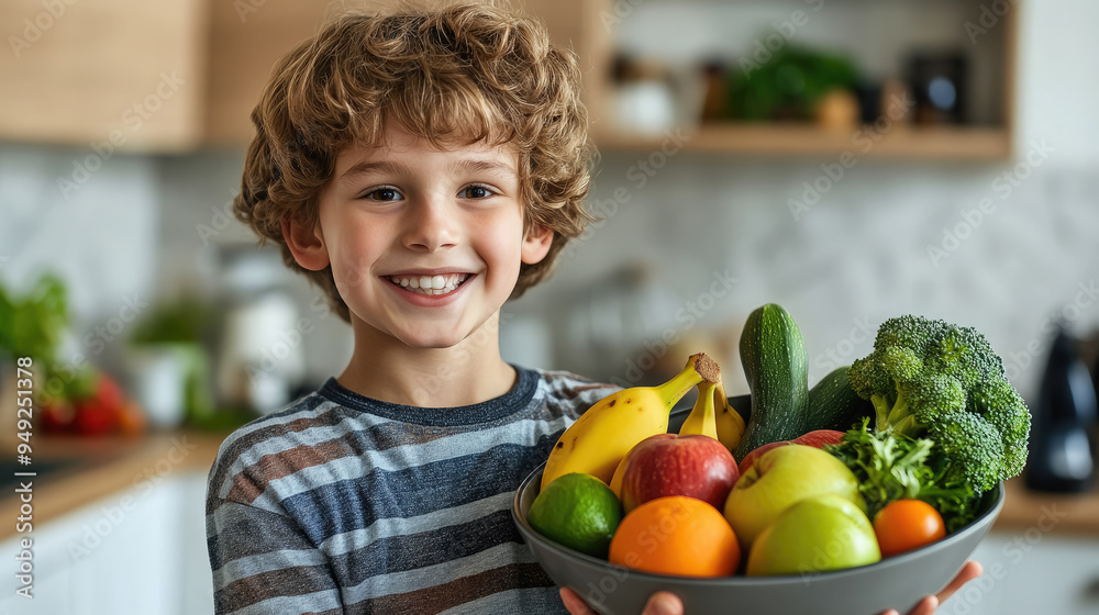Fototapeta premium little cute smiling boy holding bowl with fruits and vegetables in kitchen, child, kid, kids, healthy eating, bananas, apples, broccoli, food, vegetarianism, portrait, person, face, dish