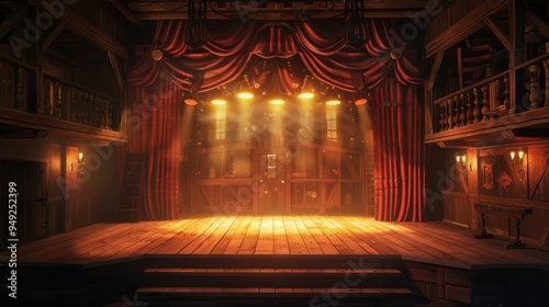 A theater stage with soft, warm lighting, casting a cozy and inviting glow over the scene