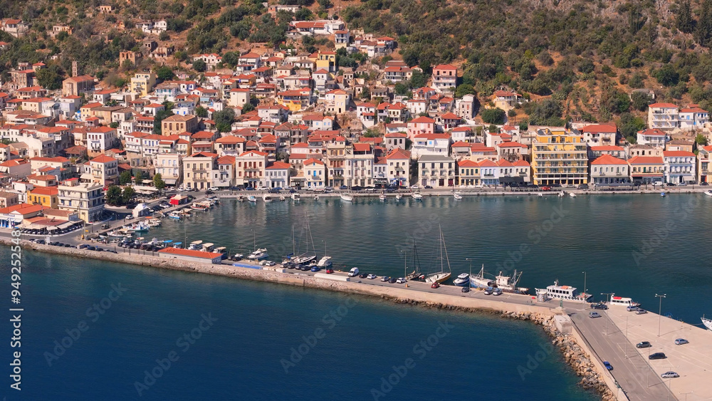 greece peloponnese region gytheio town lighthouse coastal houses chapel and boats aerial view greece peloponnese region gytheio town lighthouse coastal houses chapel and boats aerial view