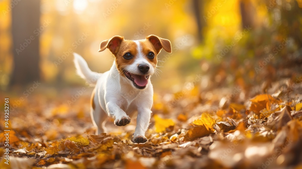 Happy small dog running through autumn leaves in forest Happy small dog running through autumn leaves in forest