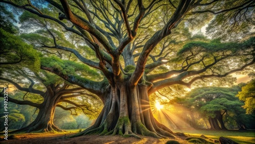 Ancient trees stand watch, their massive trunks defying time and gravity, sentinels of a realm both mystical and timeless.