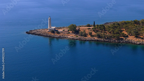 greece peloponnese region gytheio town lighthouse coastal houses chapel and boats aerial view photo