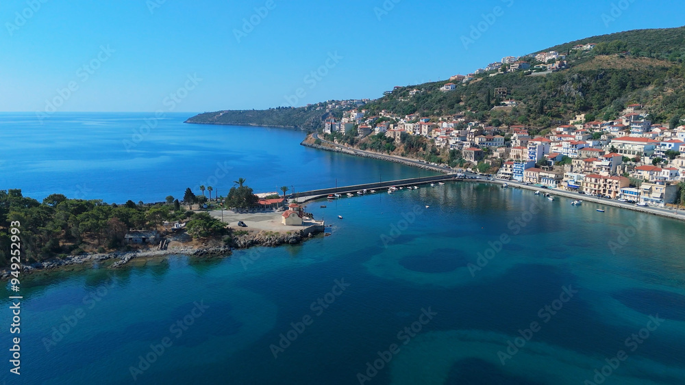 Fototapeta premium greece peloponnese region gytheio town lighthouse coastal houses chapel and boats aerial view