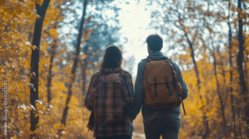 Two young adults walking through scenic autumn forest Two young adults walking through scenic autumn forest