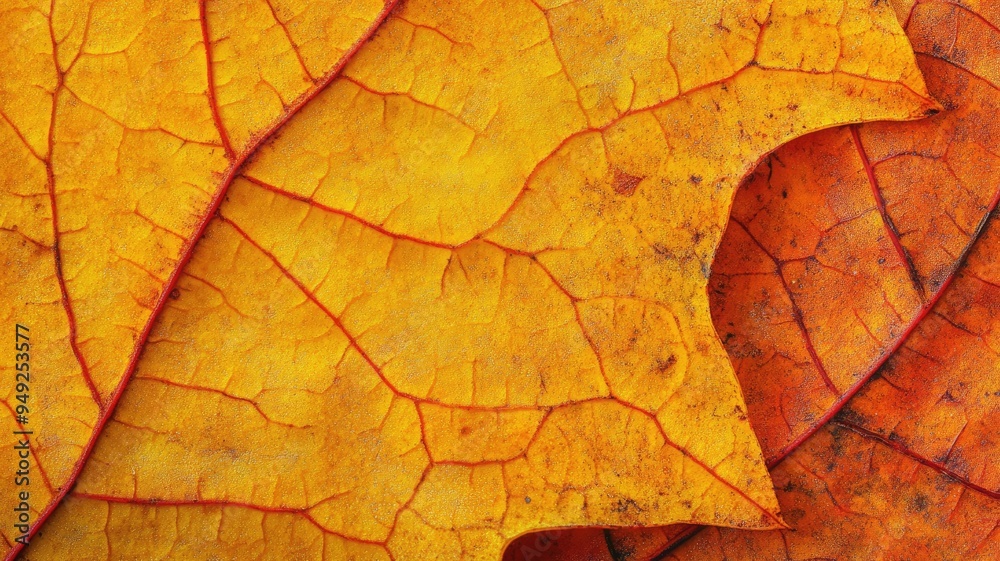 Obraz premium Close-up of autumn leaves with vibrant yellow and orange colors showing detailed vein patterns