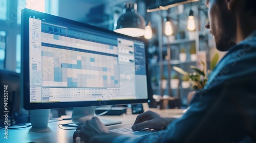 Digital planner scene with an event manager organizing tasks on an electronic calendar for upcoming events.