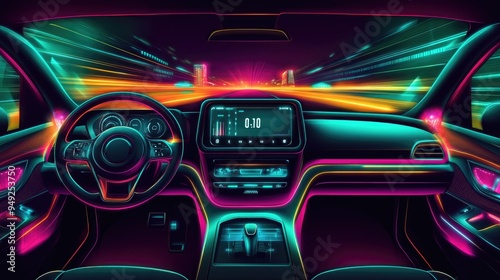 Electric car dashboard, showing digital speedometer and battery life, interior car lighting