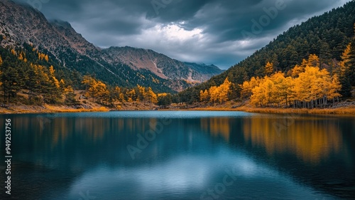 Serene mountain lake with autumn trees reflecting in clear water beneath stormy sky