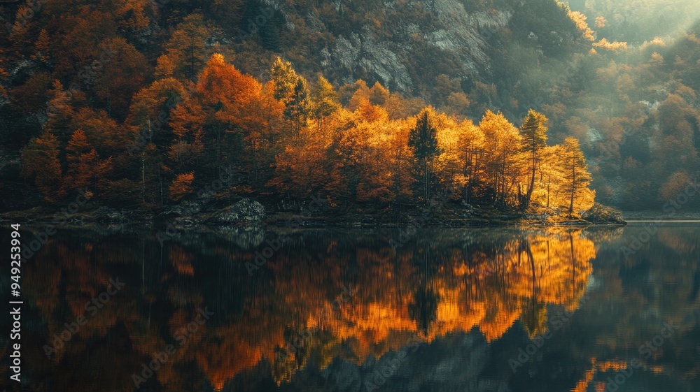 Autumn trees reflecting on calm lake with misty mountains in background