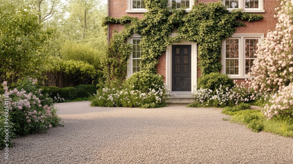 Elegant country manor, ivy-covered walls, gravel driveway, blooming garden, soft daylight Elegant country manor, ivy-covered walls, gravel driveway, blooming garden, soft daylight