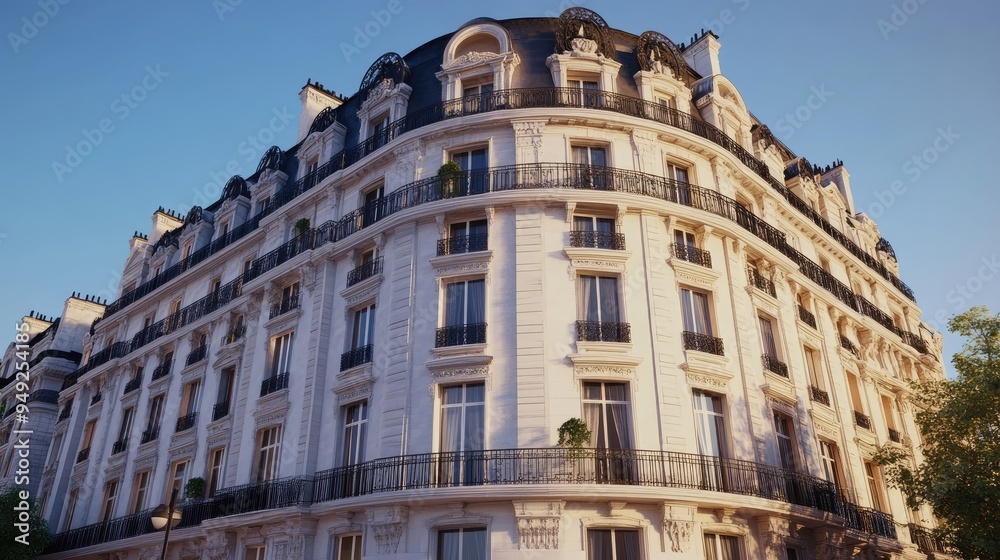 Fototapeta premium Elegant Parisian apartment building, wrought-iron balconies, Haussmann architecture, city view