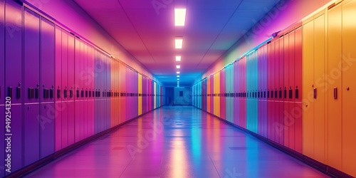 Colorful school hallway with lockers and lights