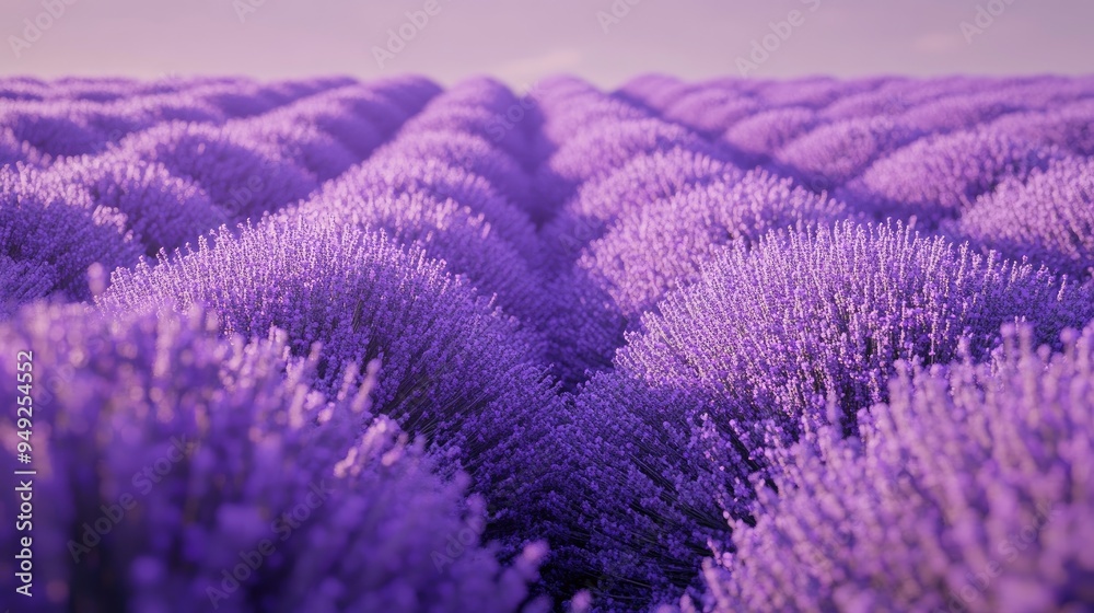 Obraz premium Field of lavender in bloom, rows of purple flowers, bee buzzing around, clear sky