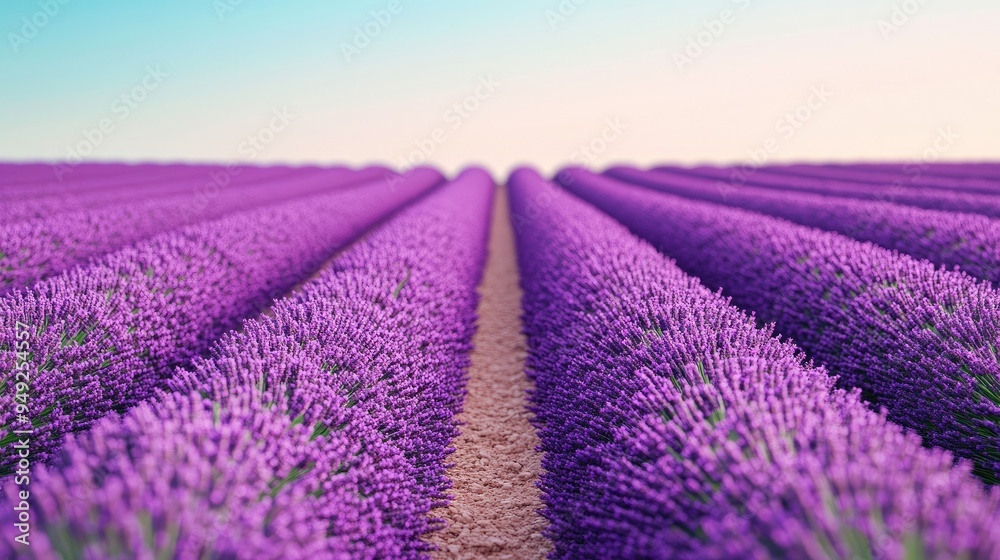Obraz premium Field of lavender in bloom, rows of purple flowers, bee buzzing around, clear sky