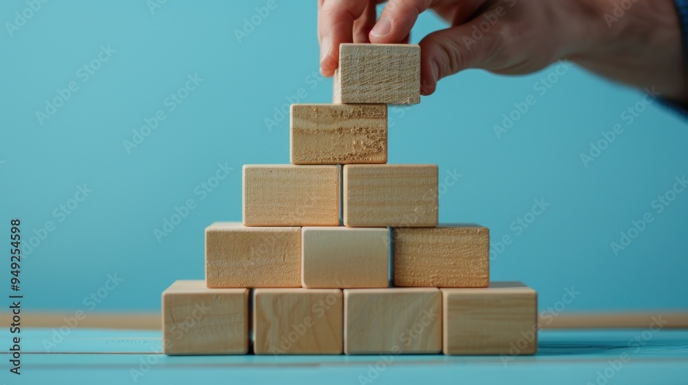 Concept of successful business development and growth process, close up of wooden block arrangement by hand Concept of successful business development and growth process, close up of wooden block arrangement by hand